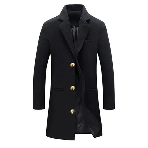 Elegant Men's Woolen Coat with Lapel Pockets - Single Breasted Long Sleeve Jacket Perfect for Autumn and Winter Casual Wear